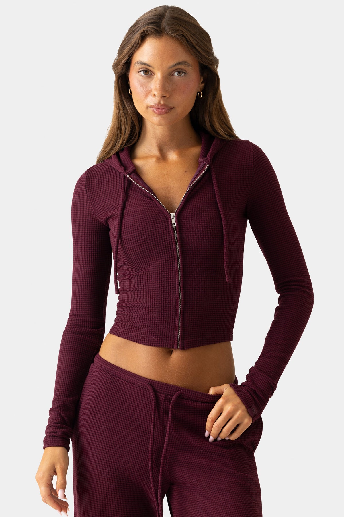 Women's Ribbed Jersey Cropped Hoodie in Burgundy — Sweater