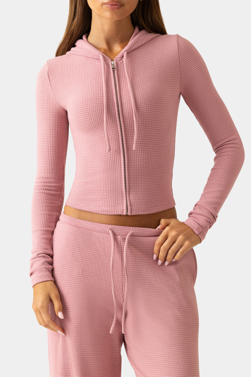 Women's Ribbed Jersey Cropped Hoodie in Mauve — Sweater