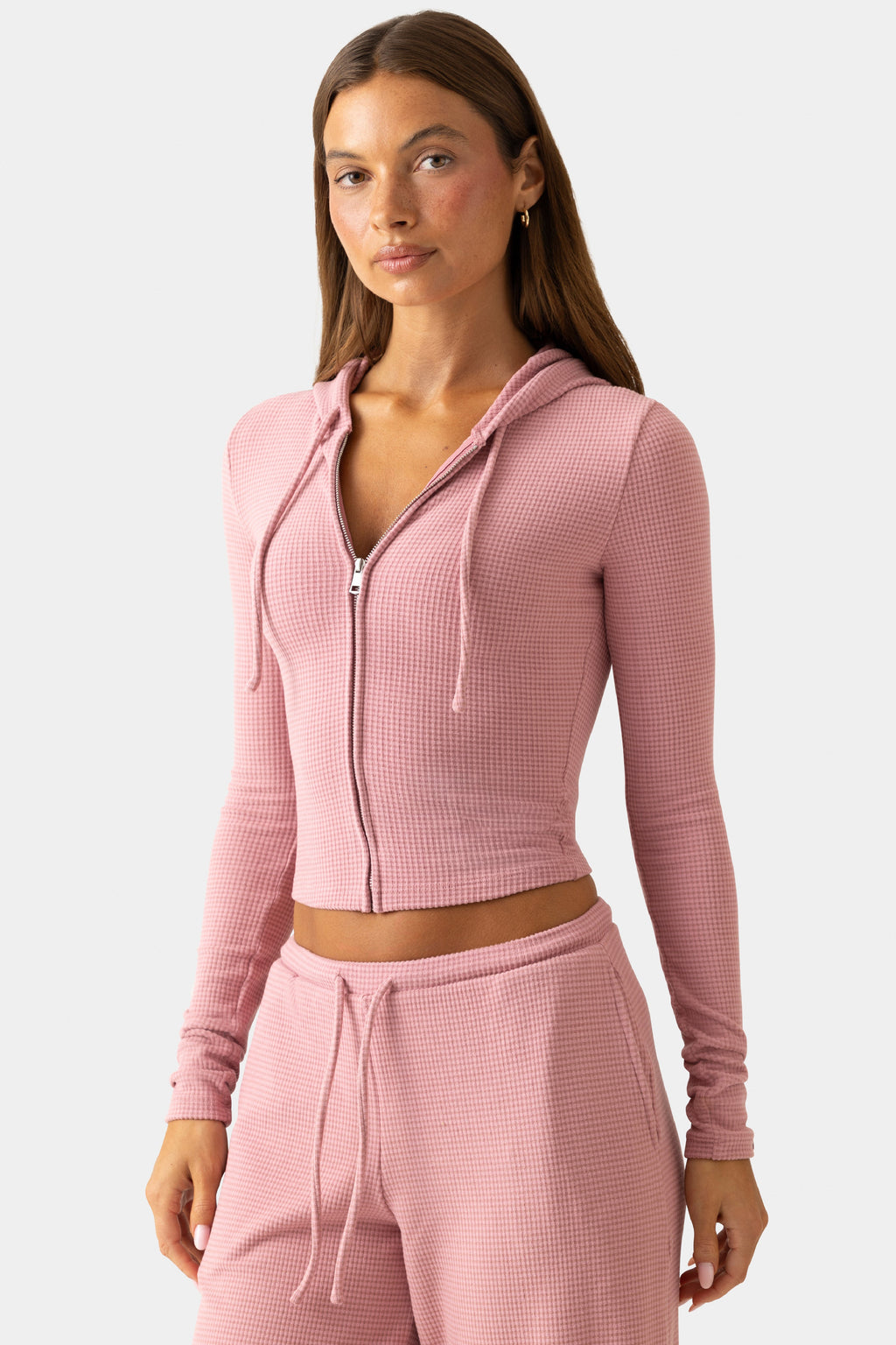 Women's Ribbed Jersey Cropped Hoodie in Mauve — Sweater
