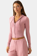 Women's Ribbed Jersey Cropped Hoodie in Mauve — Sweater