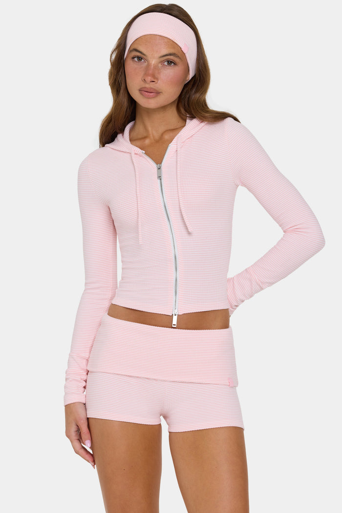 Women's Ribbed Jersey Cropped Hoodie in Peach Stripe — Sweater