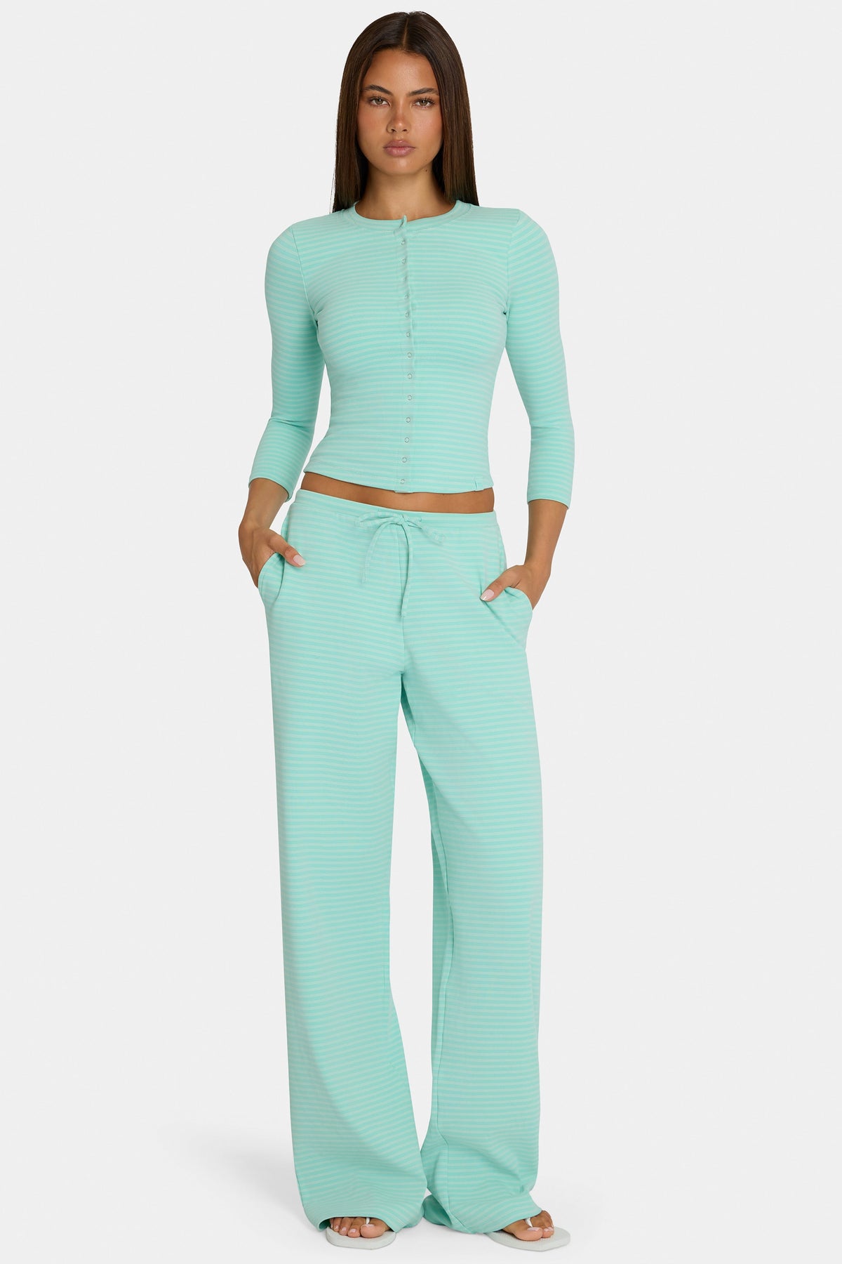 Women's Brushed Jersey Low-Rise Trousers in Aqua Stripe — Pants