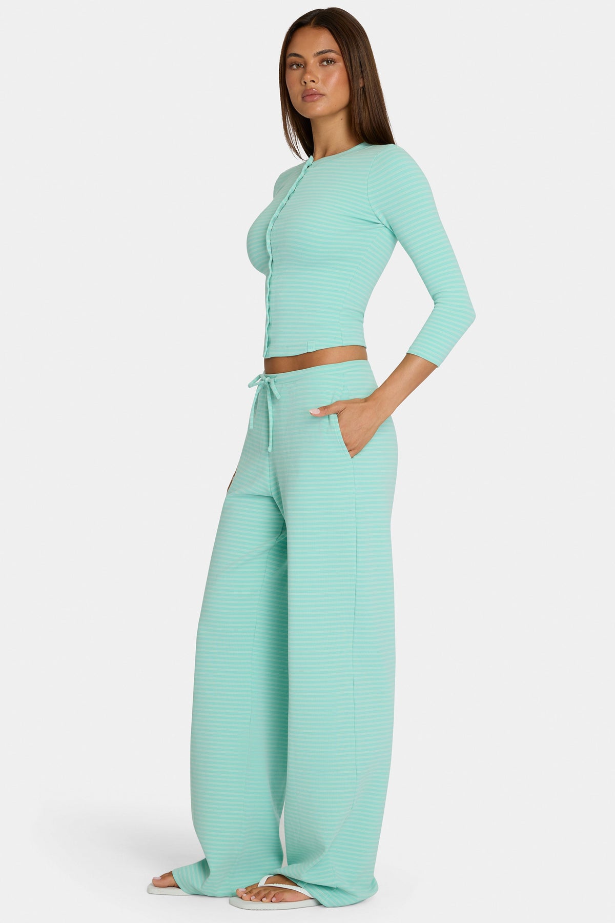 Women's Brushed Jersey Low-Rise Trousers in Aqua Stripe — Pants
