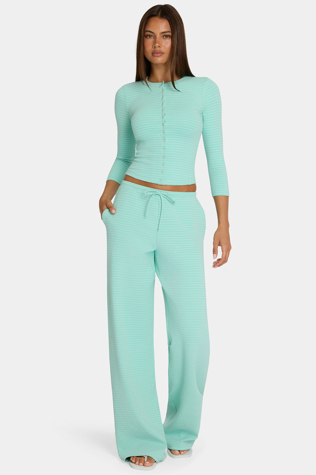 Women's Brushed Jersey Low-Rise Trousers in Aqua Stripe — Pants