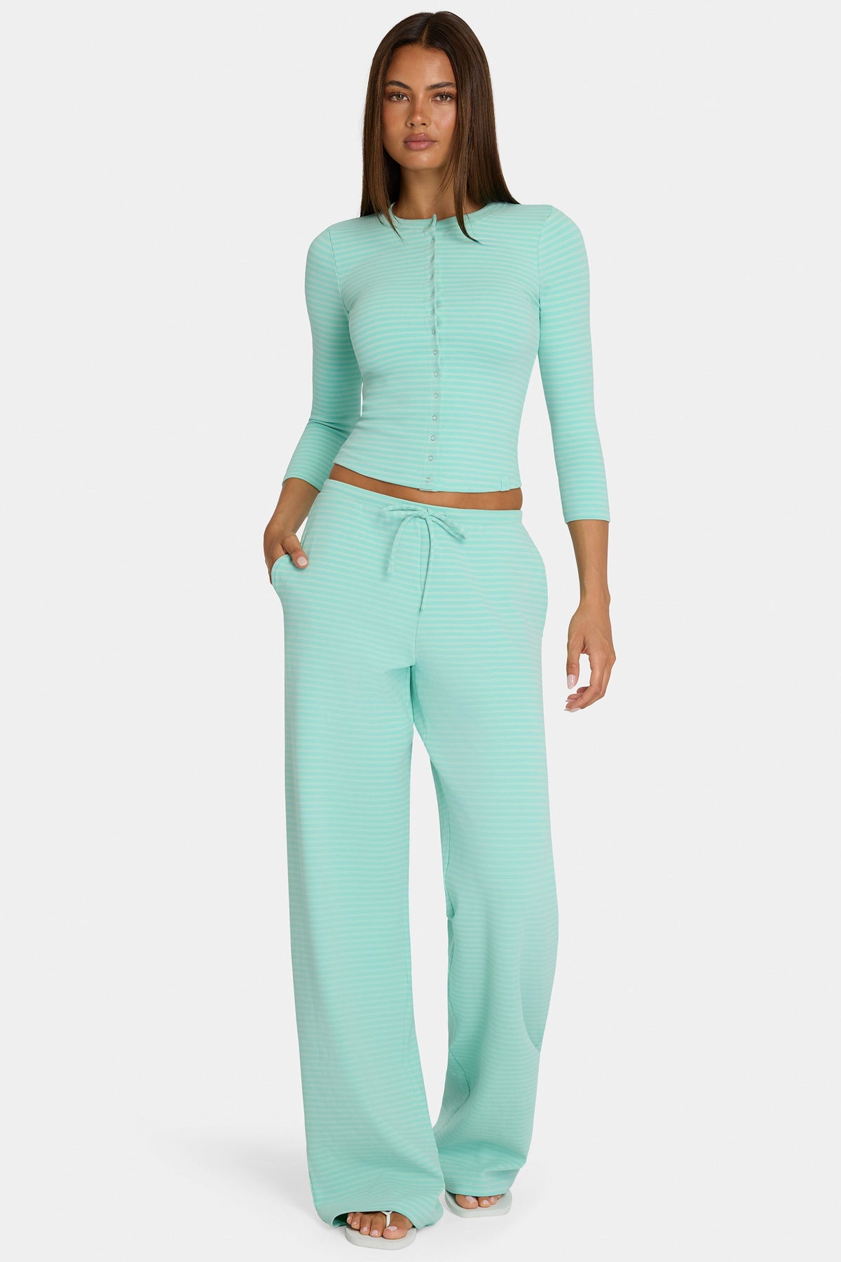 Women's Brushed Jersey Low-Rise Trousers in Aqua Stripe — Pants