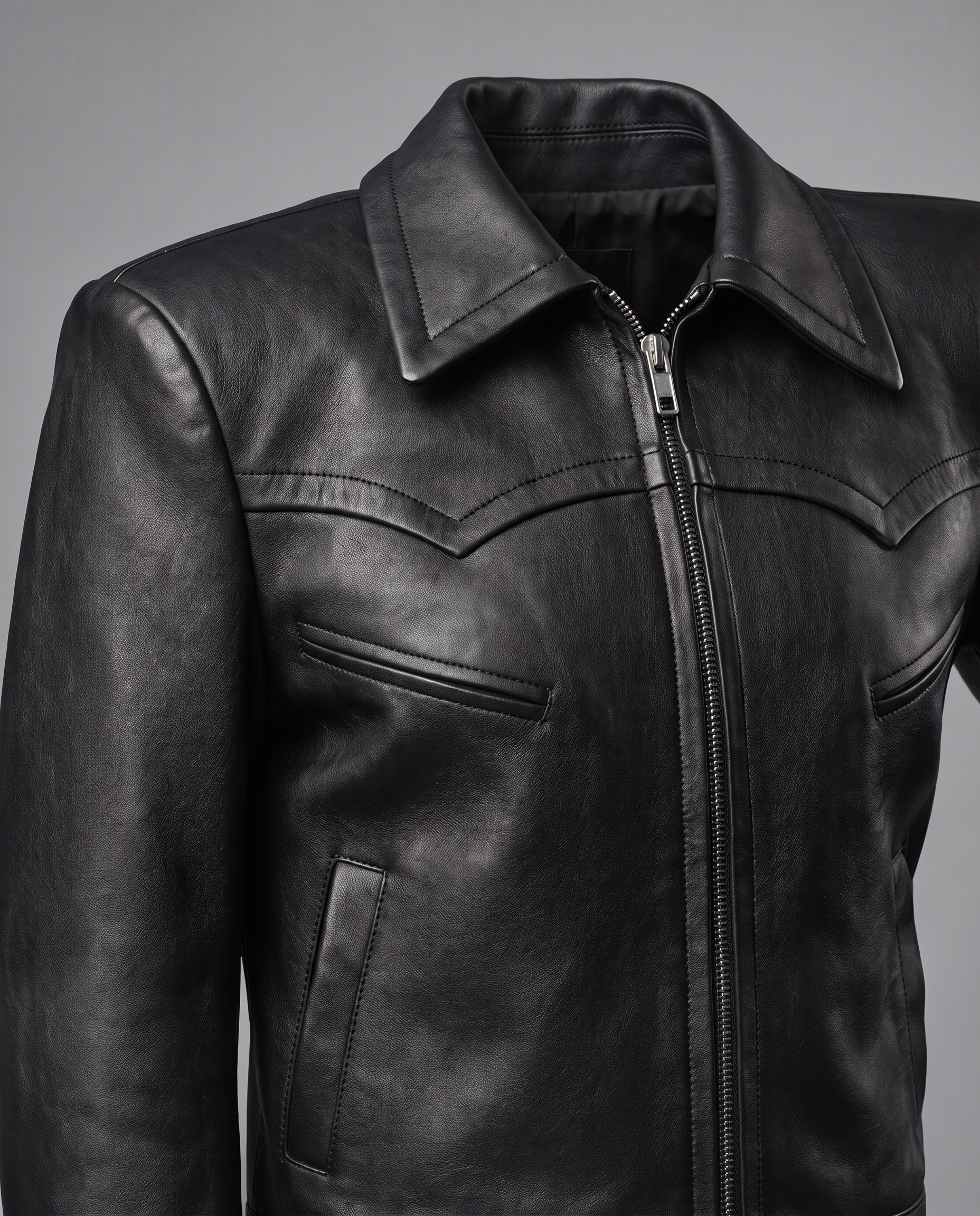 Celeste Structured Black Leather Zip Jacket leather construction detail