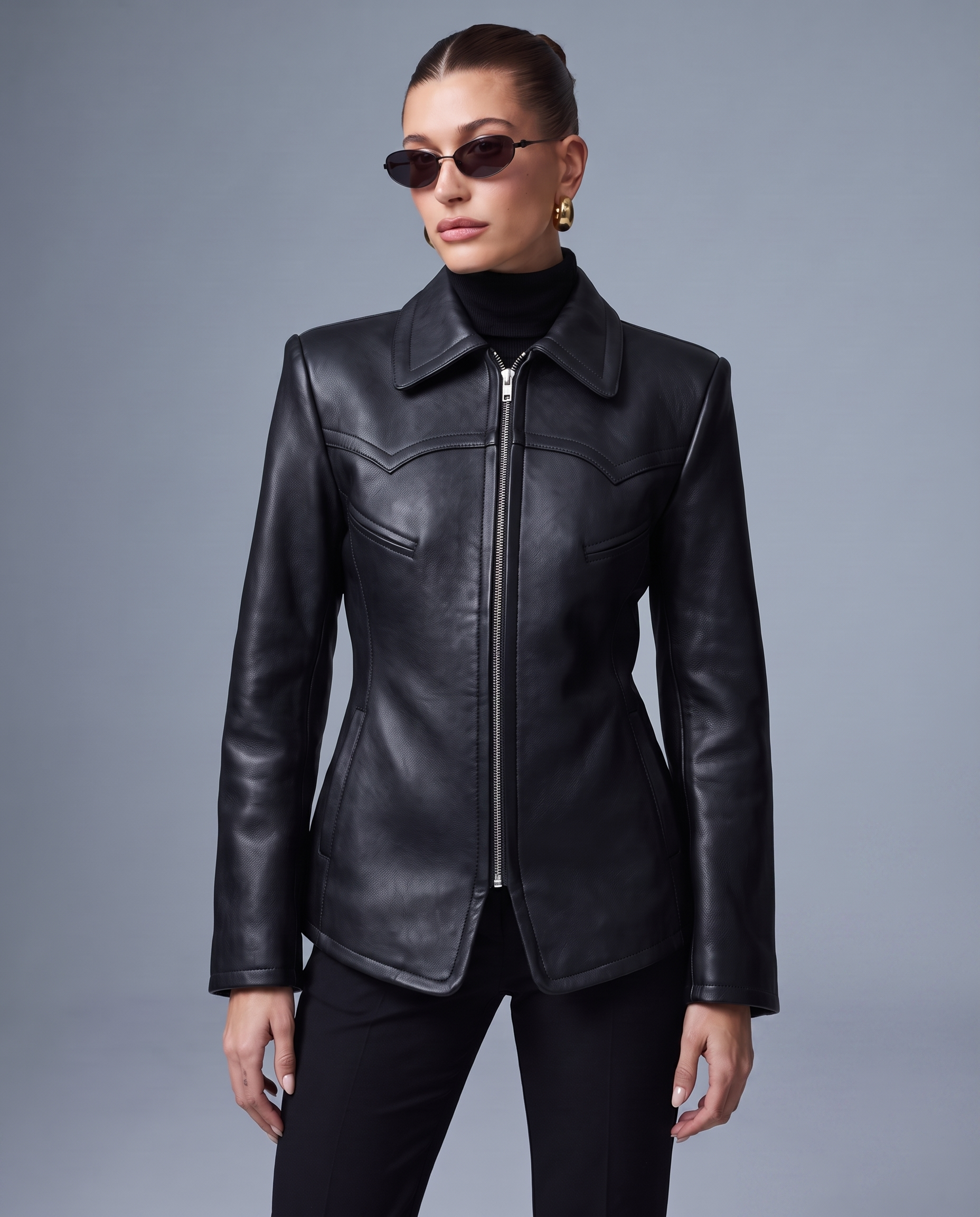 Celeste Structured Black Leather Zip Jacket front three-quarter studio view