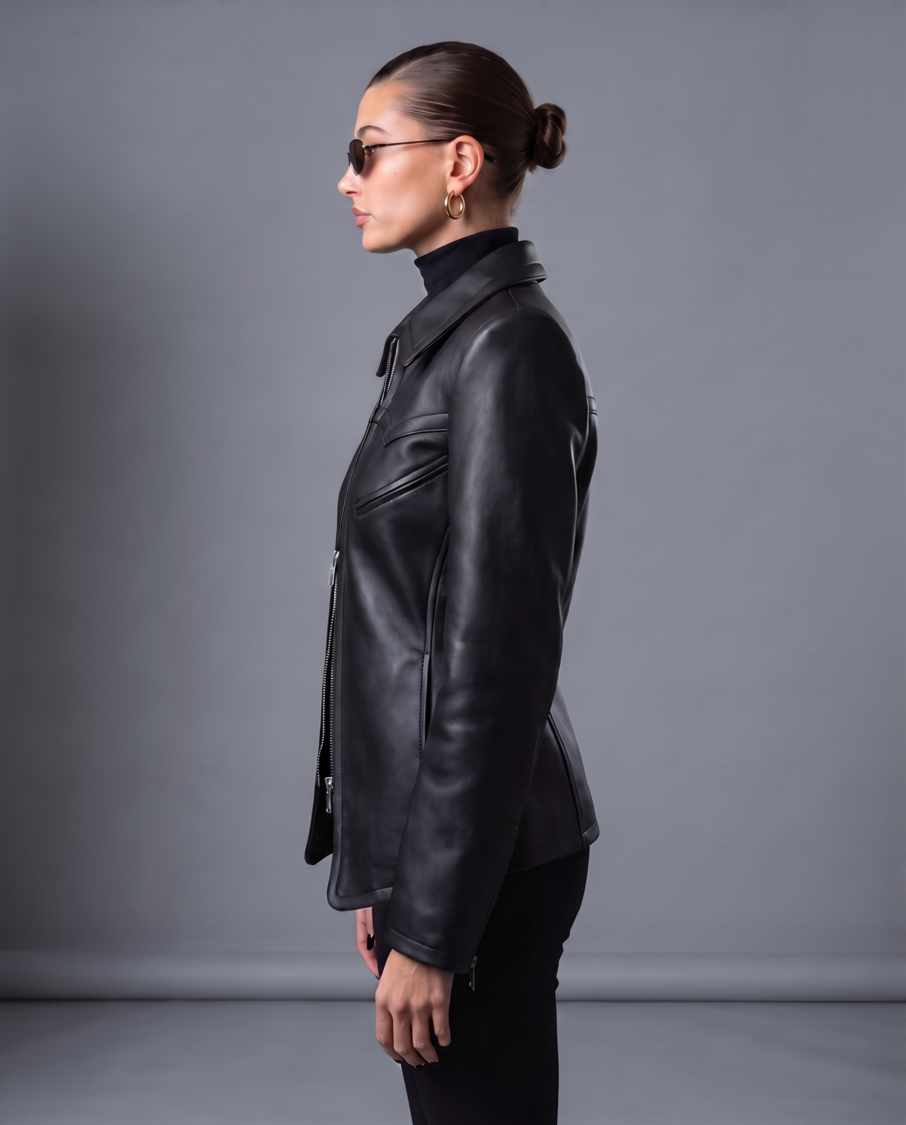 Celeste Structured Black Leather Zip Jacket side profile studio view