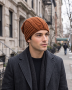 Men's Soft Stretch Knit Beanie — Caramel — lifestyle — wb-gender-final-190
