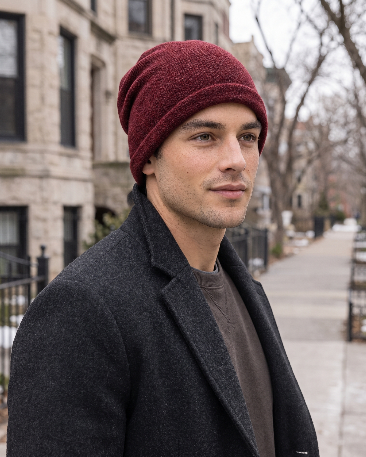 Men's Everyday Knit Beanie — Burgundy / 50 × 27 cm — lifestyle — wb-gender-final-154