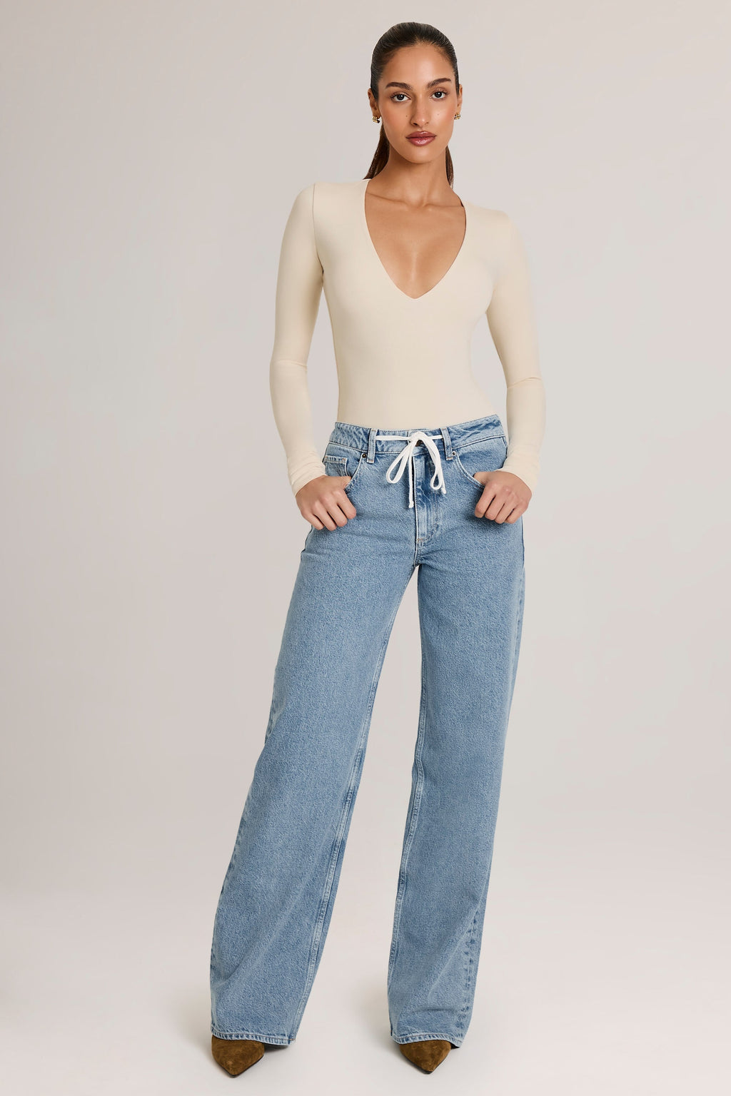Women's Drawstring Straight-Leg Jeans in Light Wash