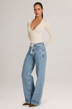 Women's Drawstring Straight-Leg Jeans in Light Wash