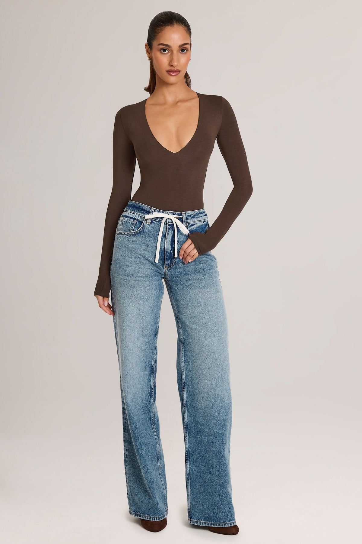 Women's Drawstring Straight-Leg Jeans in Mid Wash