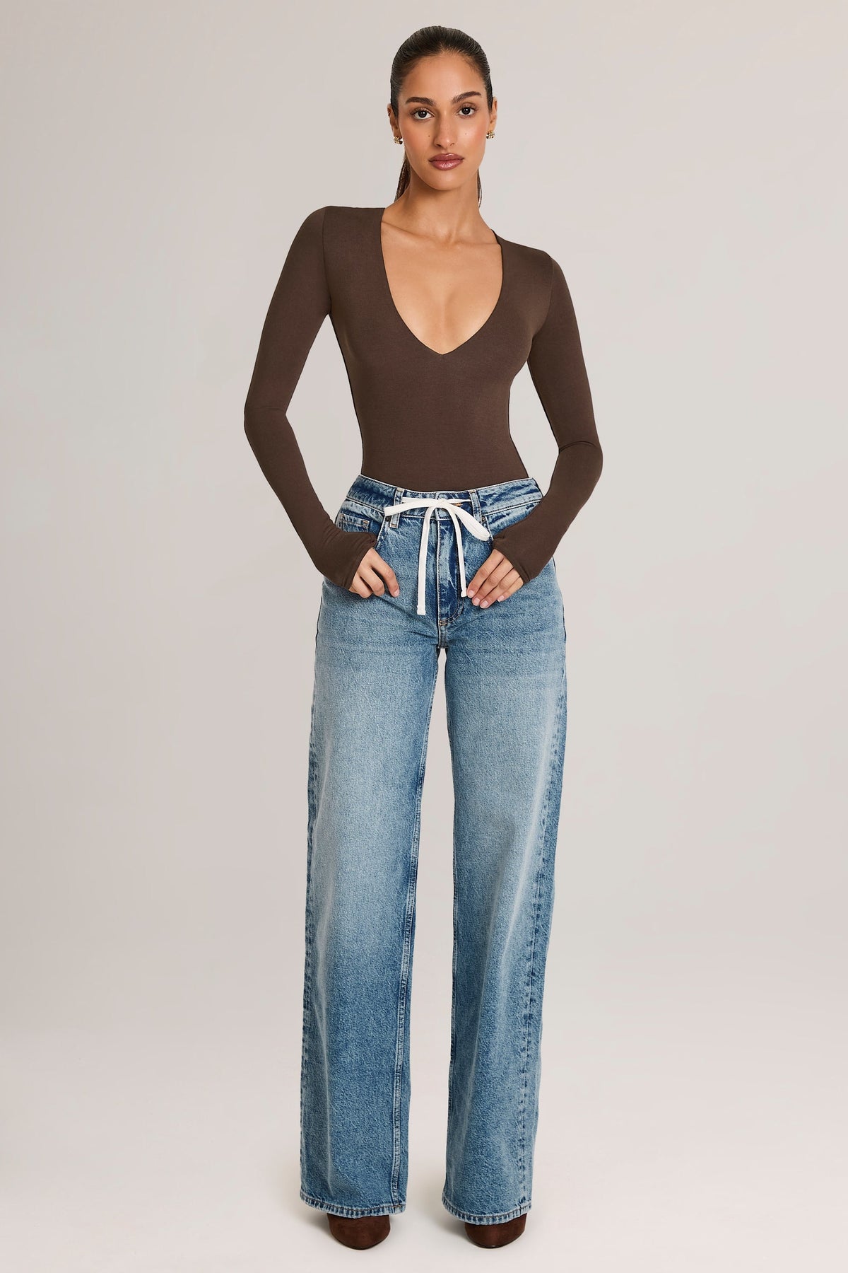 Women's Drawstring Straight-Leg Jeans in Mid Wash