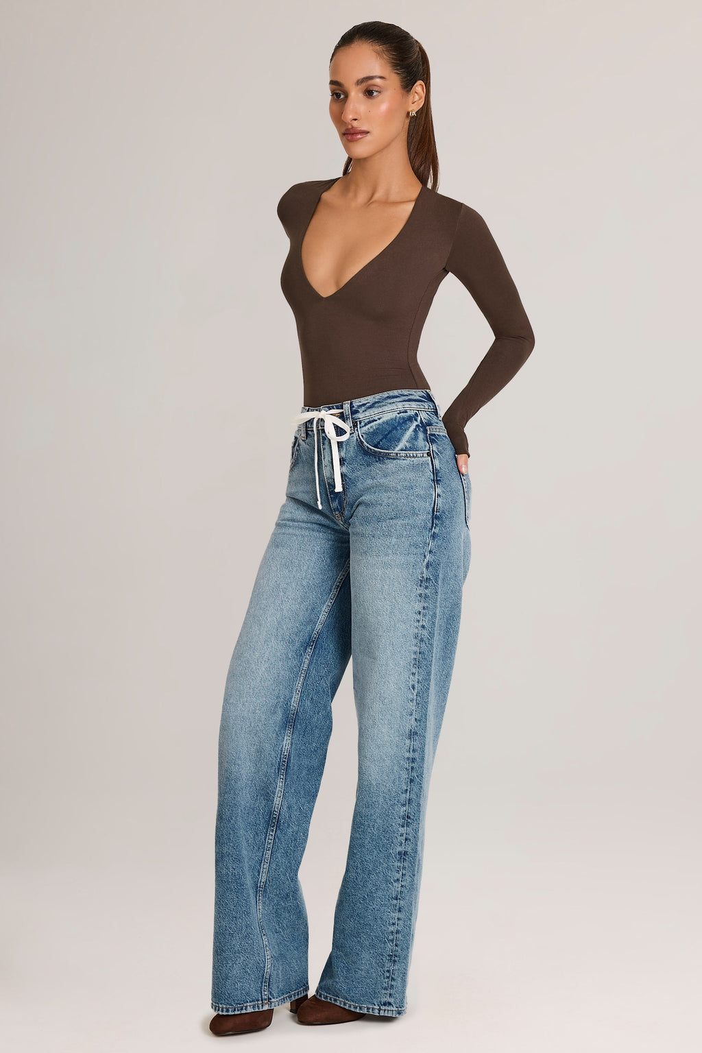 Women's Drawstring Straight-Leg Jeans in Mid Wash