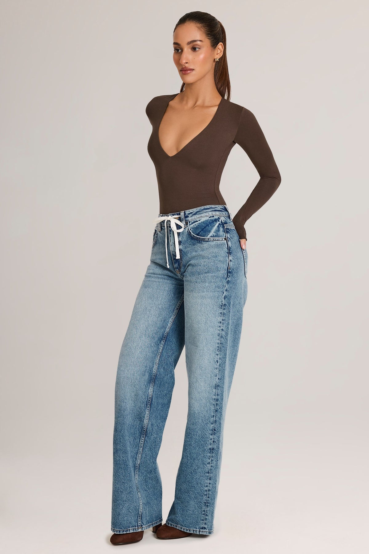 Women's Drawstring Straight-Leg Jeans in Mid Wash
