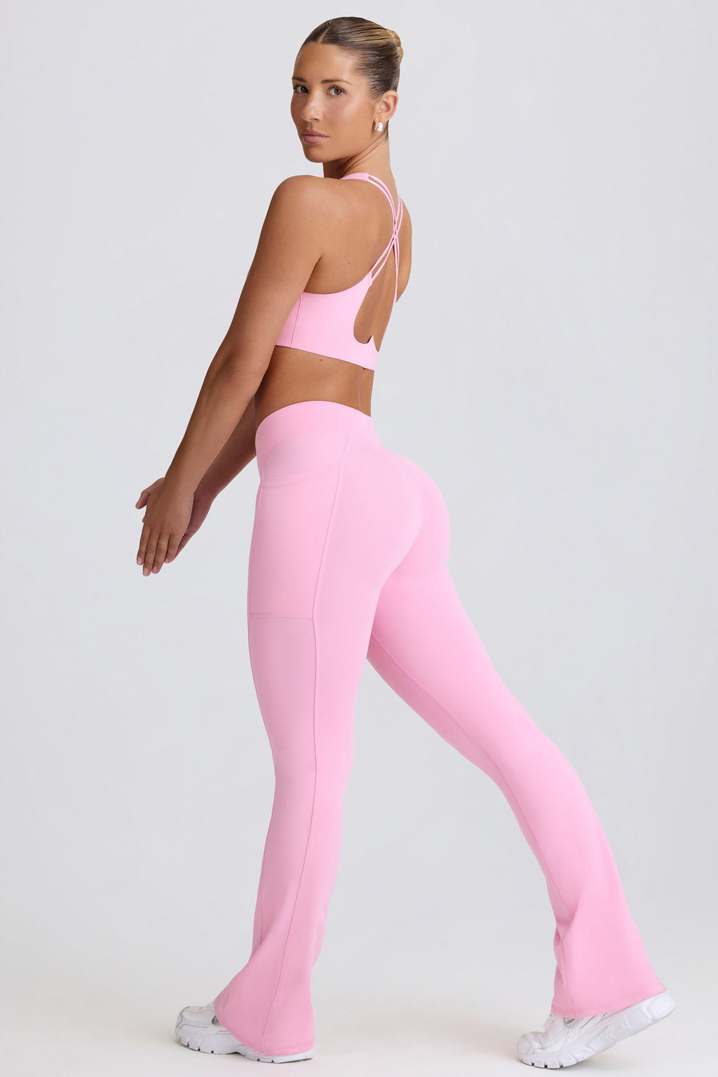 Women's Soft Active V-Waist Pocket Flared Leggings in Baby Pink — Activewear