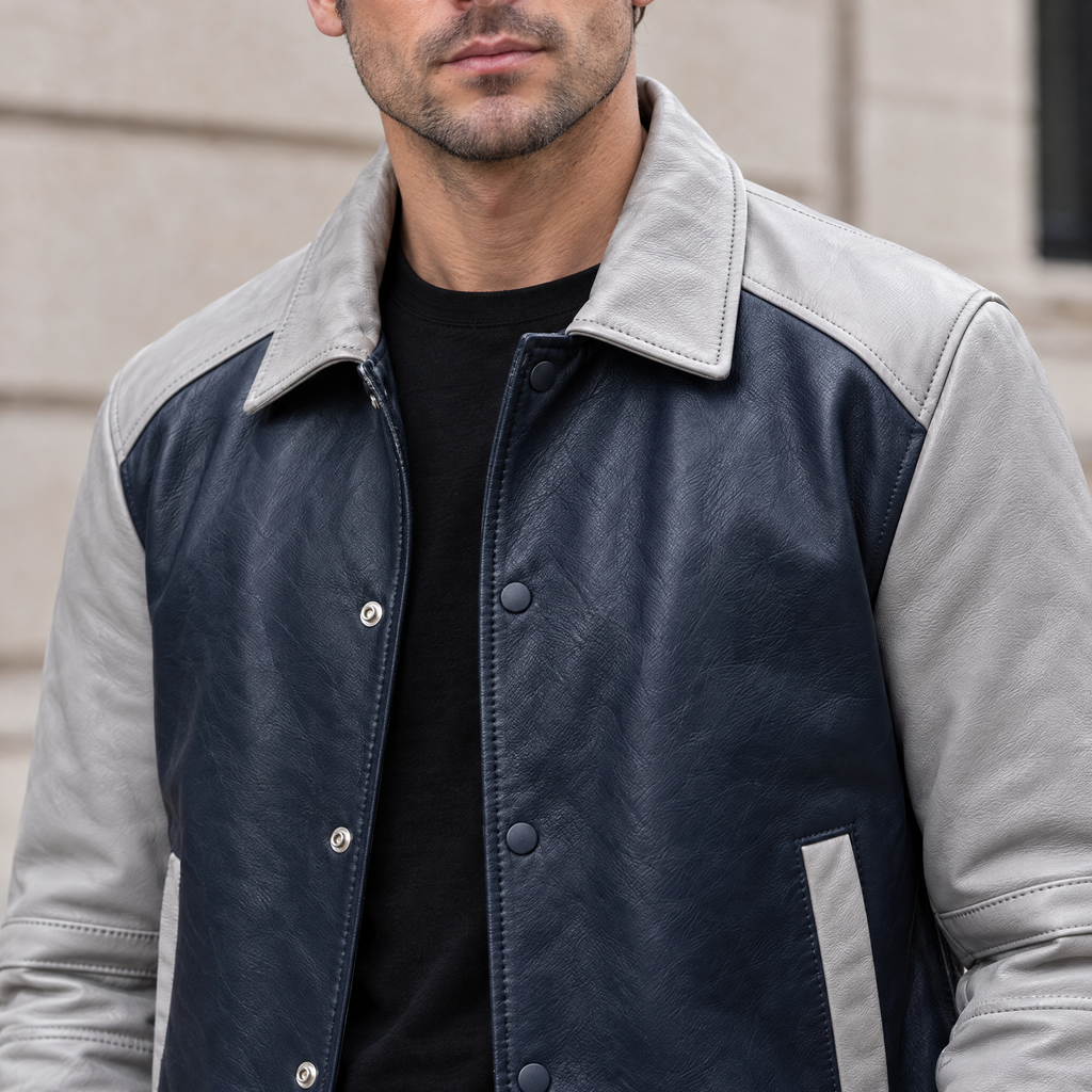 Men's Bryson Leather Varsity Jacket — Navy/Grey — chest-detail