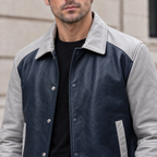 Men's Bryson Leather Varsity Jacket — Navy/Grey — chest-detail