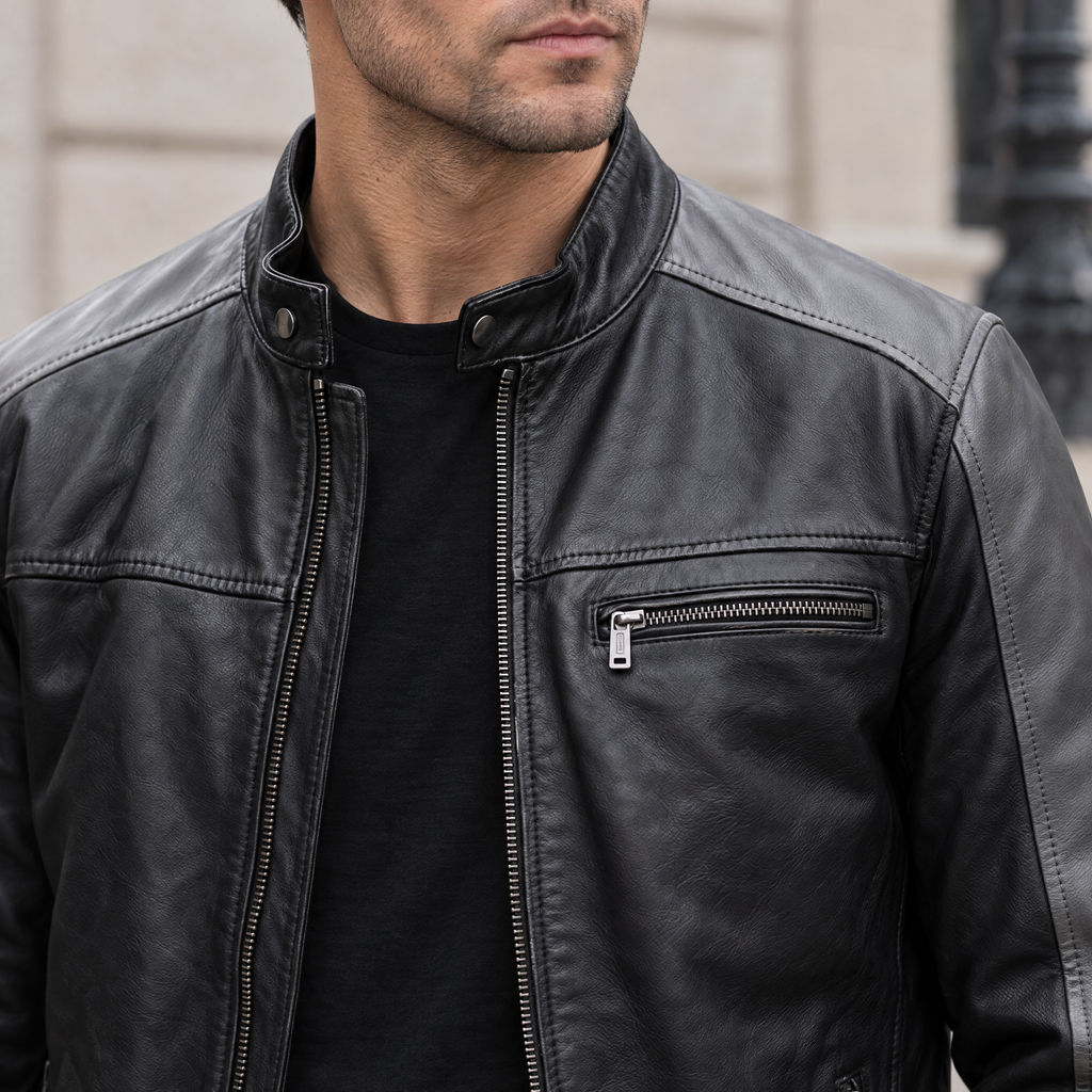 Men's Ethan Leather Racer Jacket — Black/Grey — chest-detail