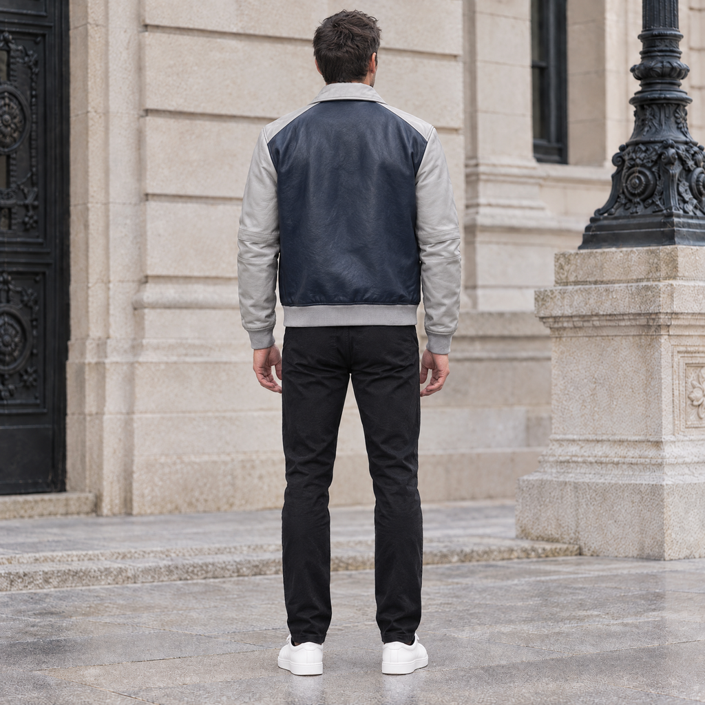 Men's Bryson Leather Varsity Jacket — Navy/Grey — full-body-back