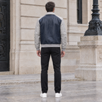 Men's Bryson Leather Varsity Jacket — Navy/Grey — full-body-back