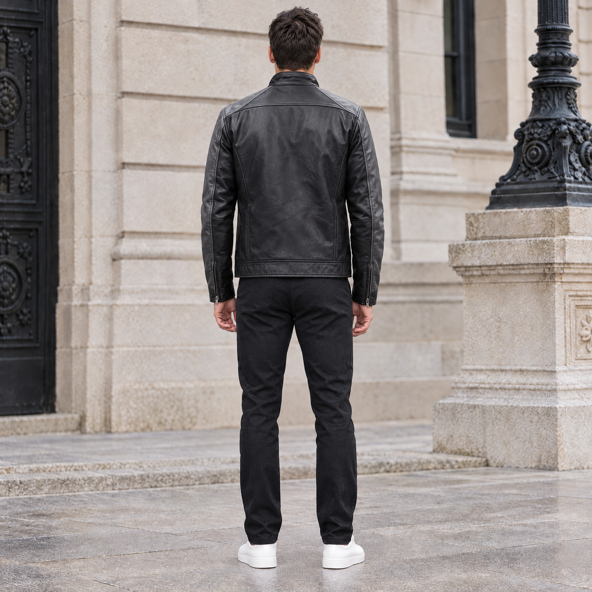 Men's Ethan Leather Racer Jacket — Black/Grey — full-body-back