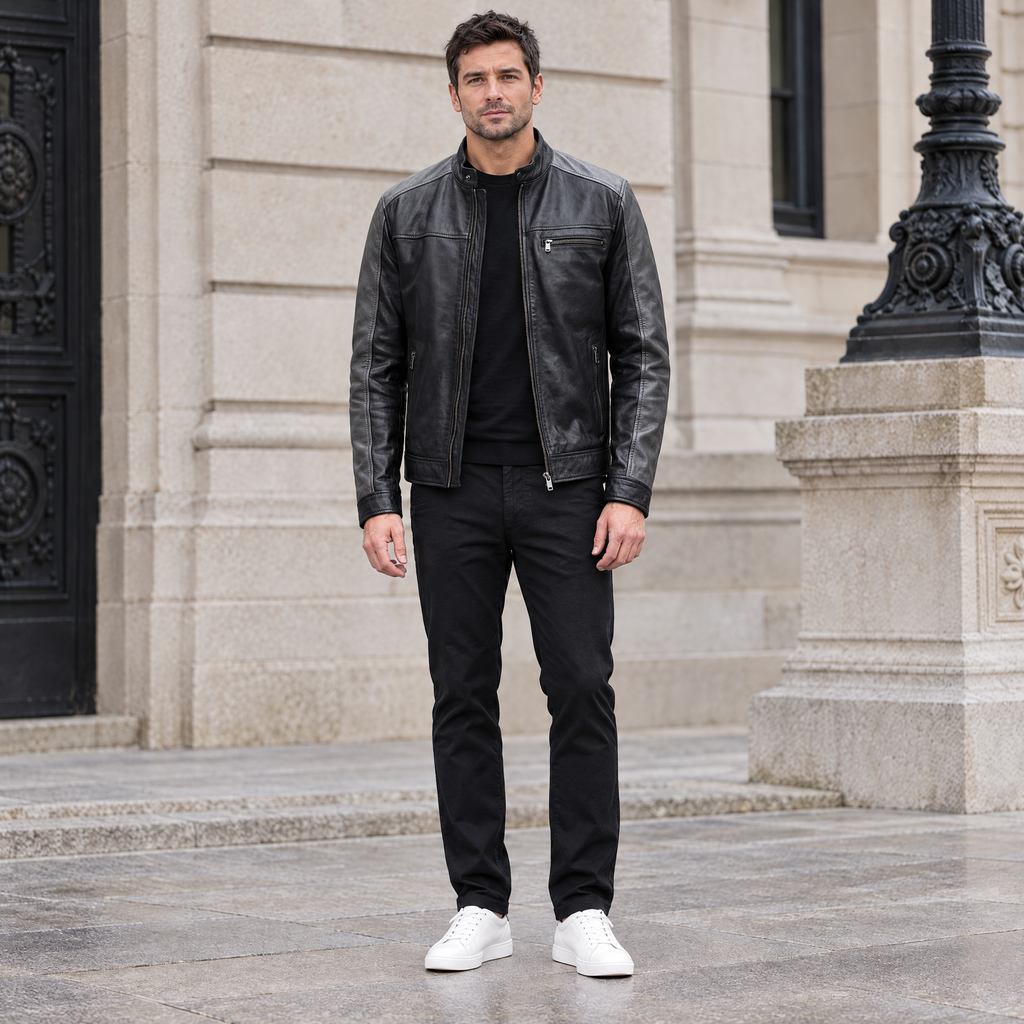 Men's Ethan Leather Racer Jacket — Black/Grey — full-body-front