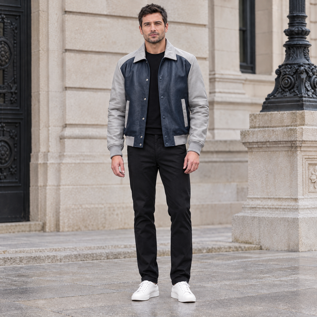 Men's Bryson Leather Varsity Jacket — Navy/Grey — full-body-front