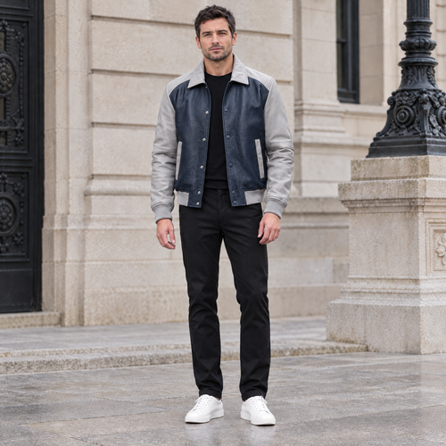 Men's Bryson Leather Varsity Jacket — Navy/Grey — full-body-front