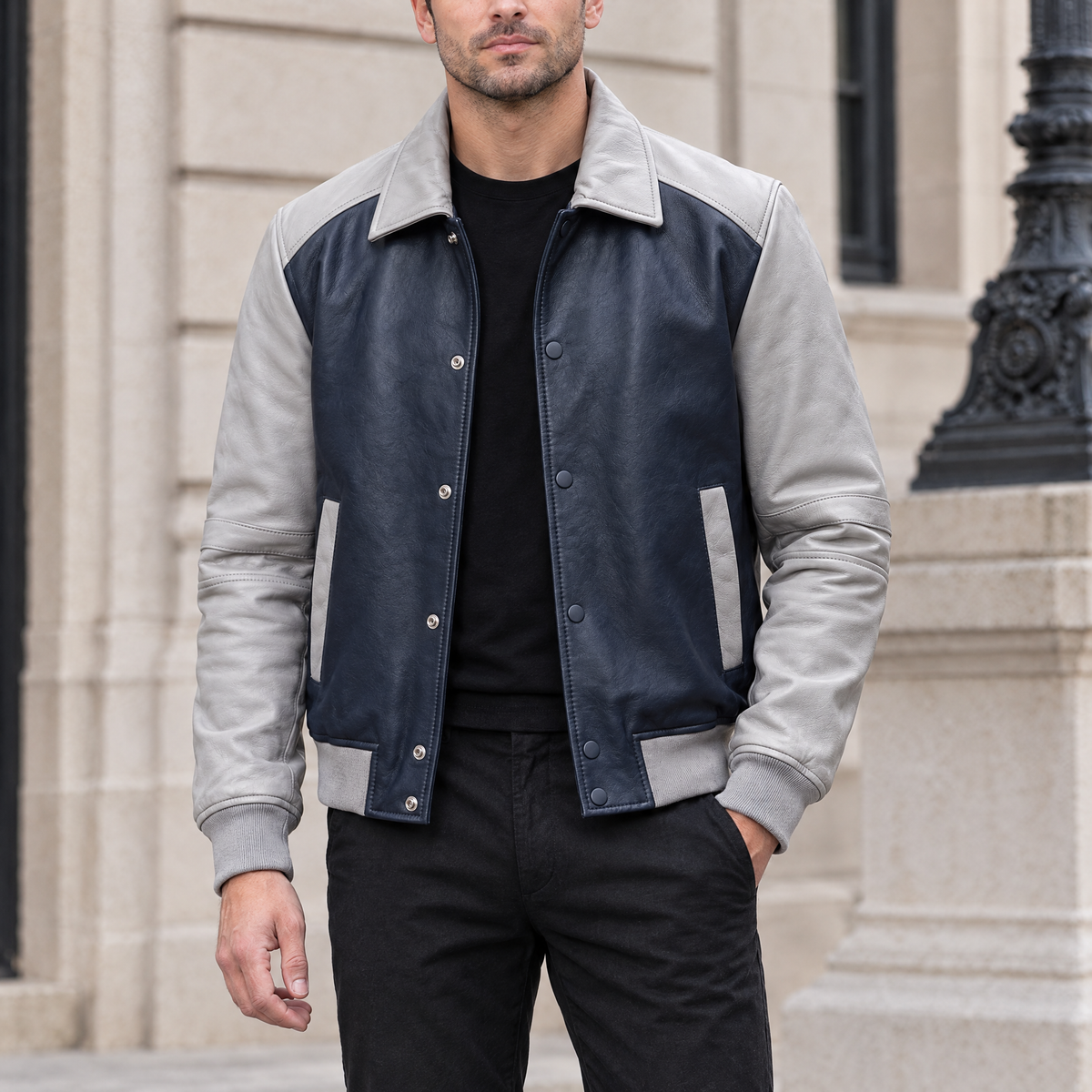 Men's Bryson Leather Varsity Jacket — Navy/Grey — hero