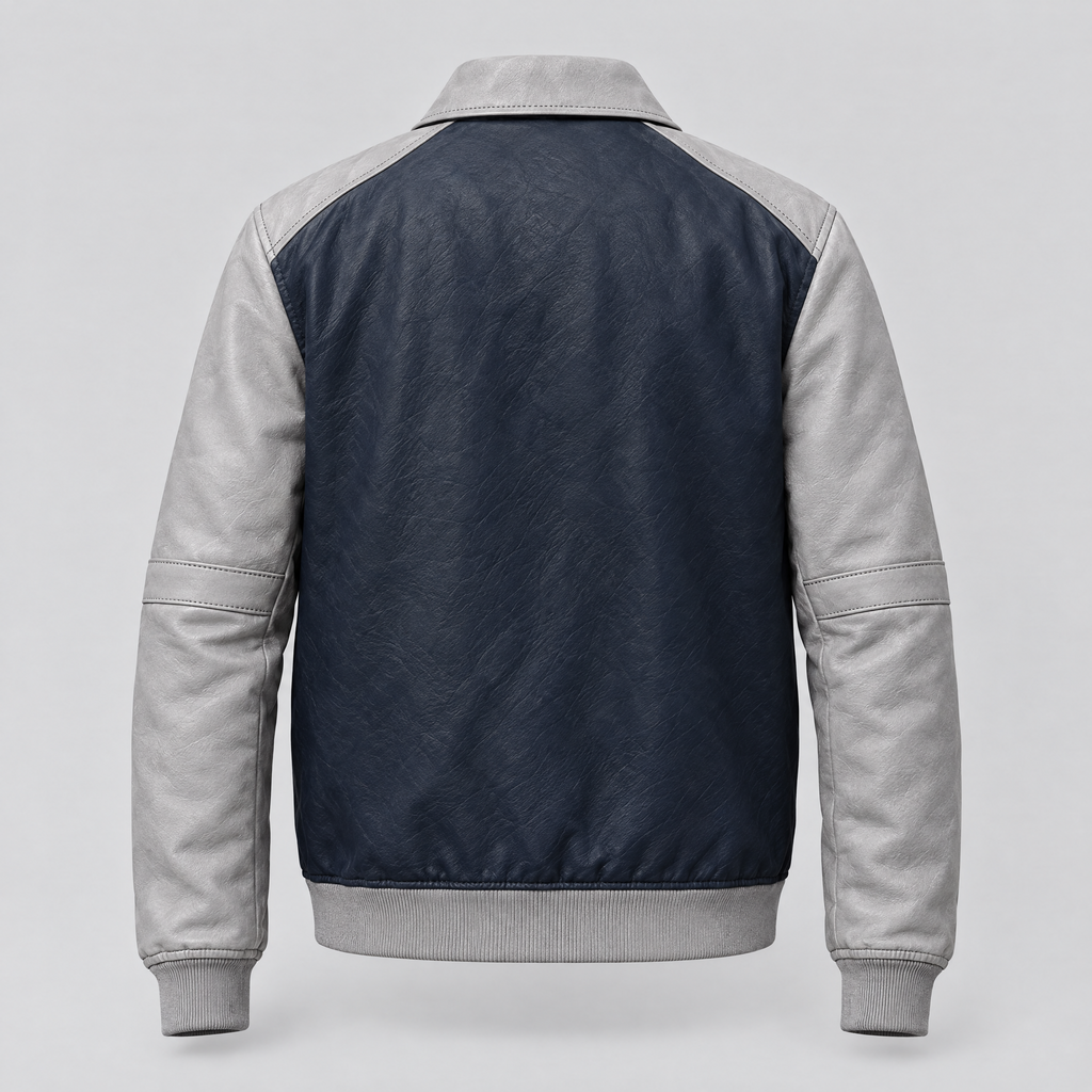 Men's Bryson Leather Varsity Jacket — Navy/Grey — product-back