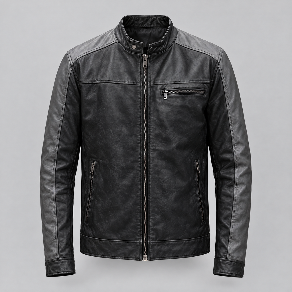Men's Ethan Leather Racer Jacket — Black/Grey — product-front