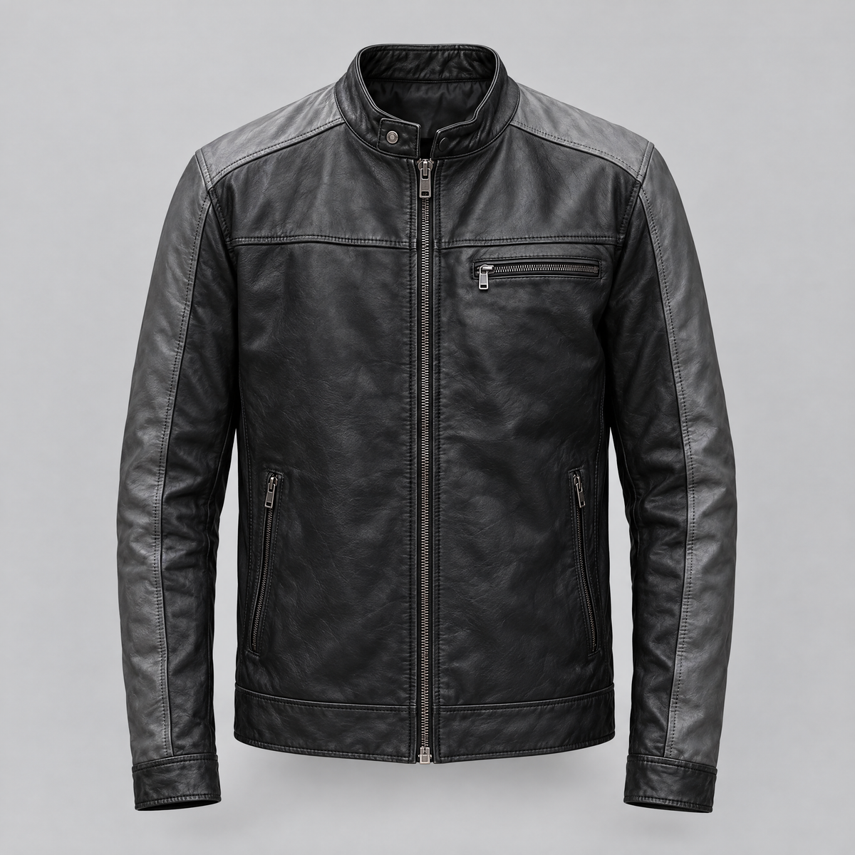 Men's Ethan Leather Racer Jacket — Black/Grey — product-front