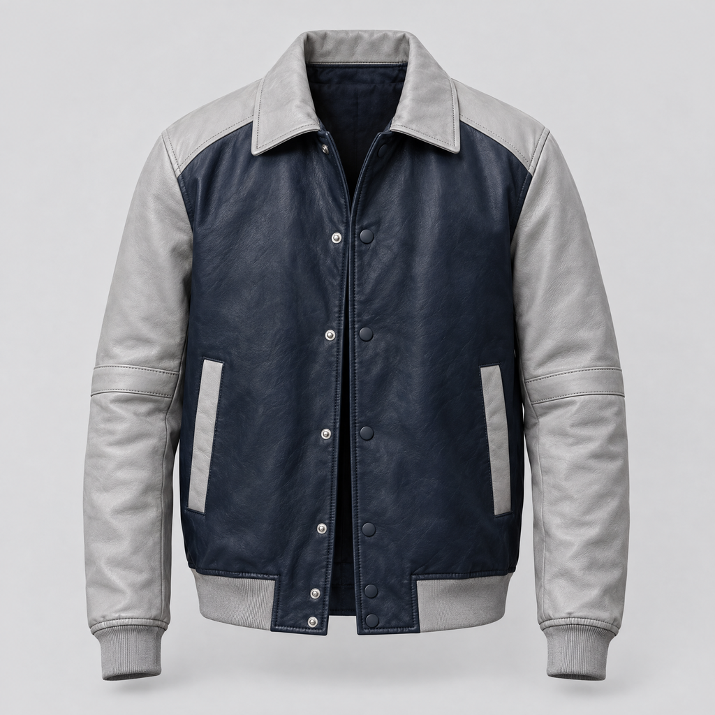 Men's Bryson Leather Varsity Jacket — Navy/Grey — product-front