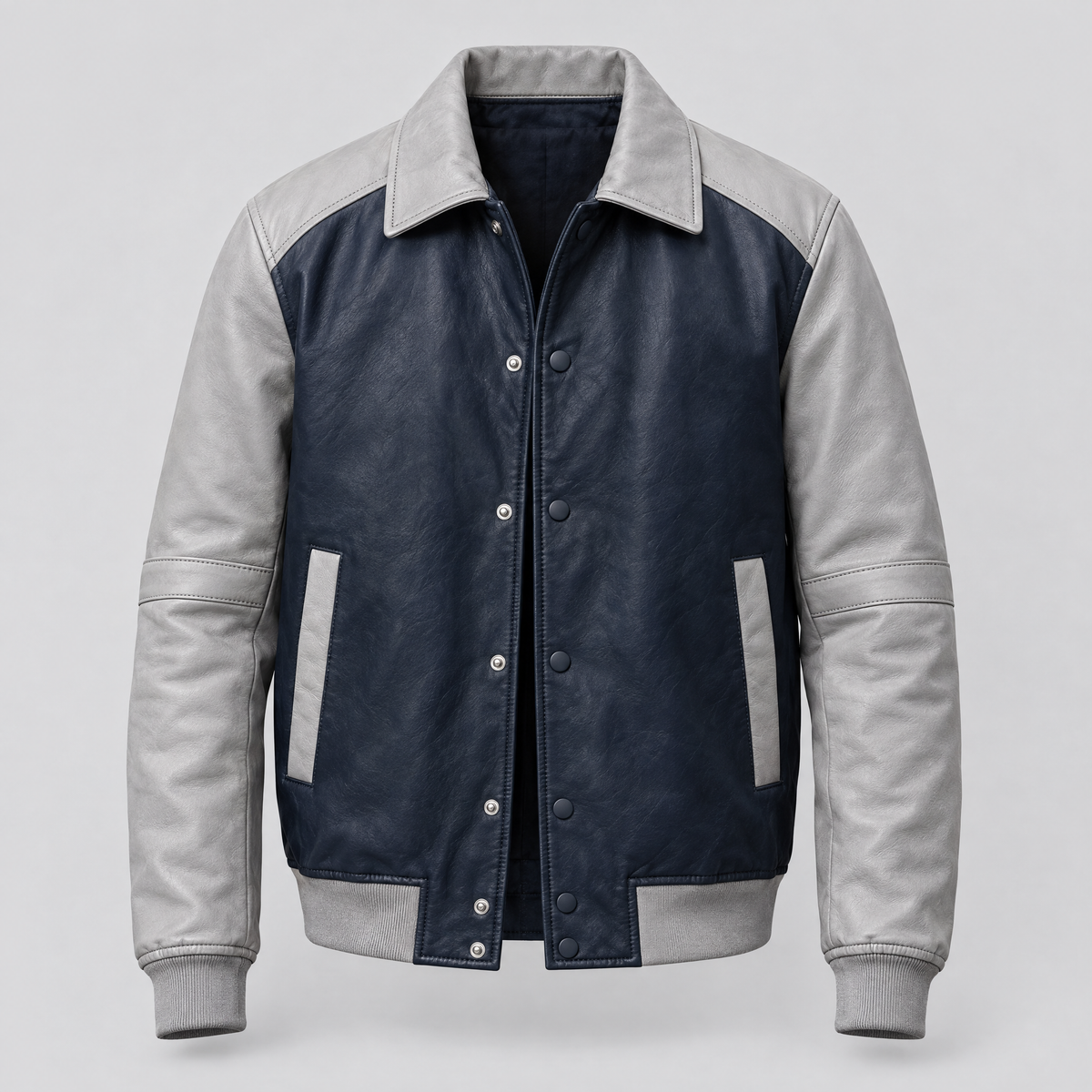 Men's Bryson Leather Varsity Jacket — Navy/Grey — product-front