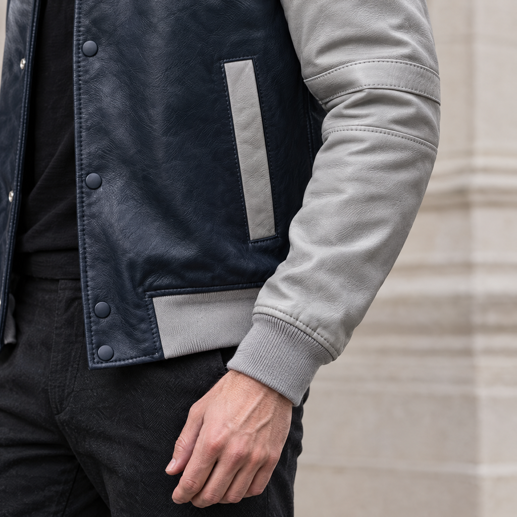 Men's Bryson Leather Varsity Jacket — Navy/Grey — sleeve-detail