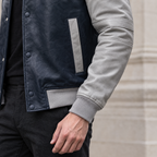 Men's Bryson Leather Varsity Jacket — Navy/Grey — sleeve-detail