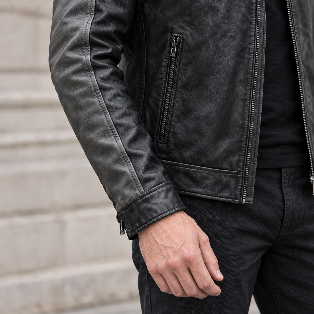 Men's Ethan Leather Racer Jacket — Black/Grey — sleeve-detail