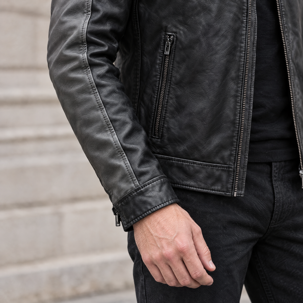 Men's Ethan Leather Racer Jacket — Black/Grey — sleeve-detail