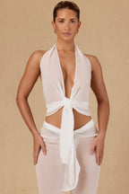 Women's Tie-Front Halterneck Crop Top in White