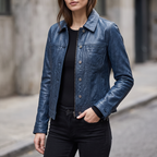 Addison Leather Denim Jacket in Blue
