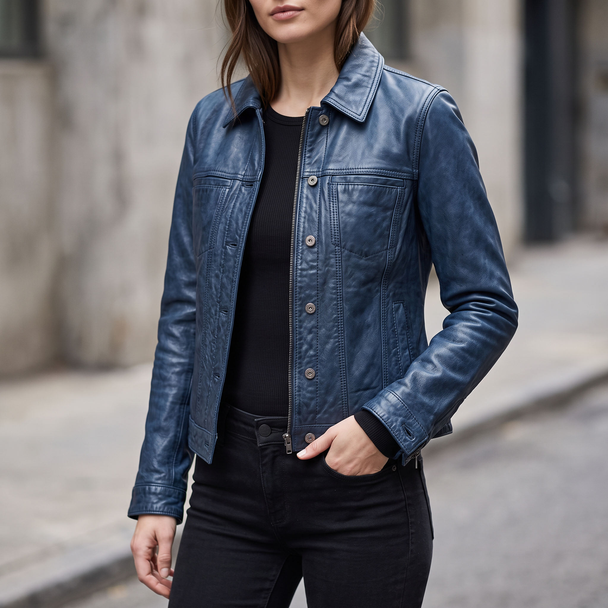 Addison Leather Denim Jacket in Blue
