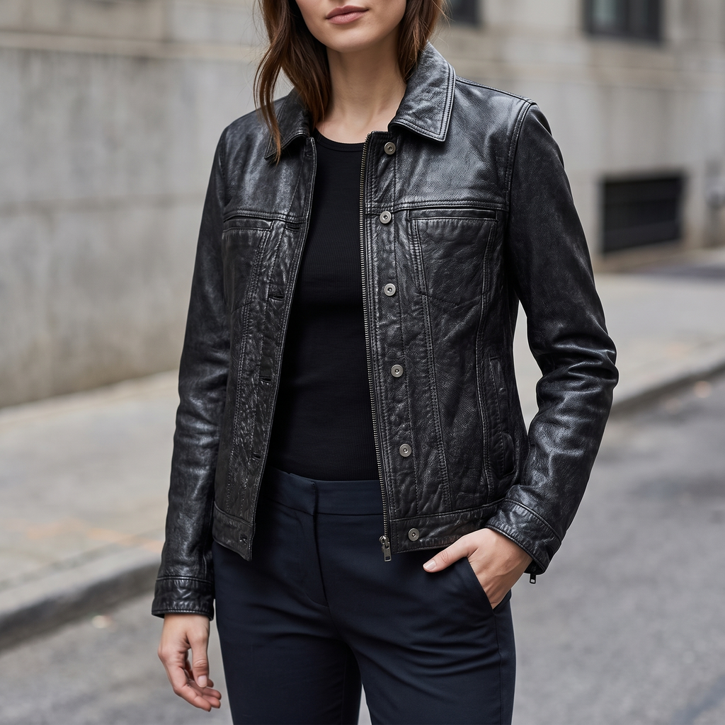 Addison Leather Denim Jacket in Jet Black