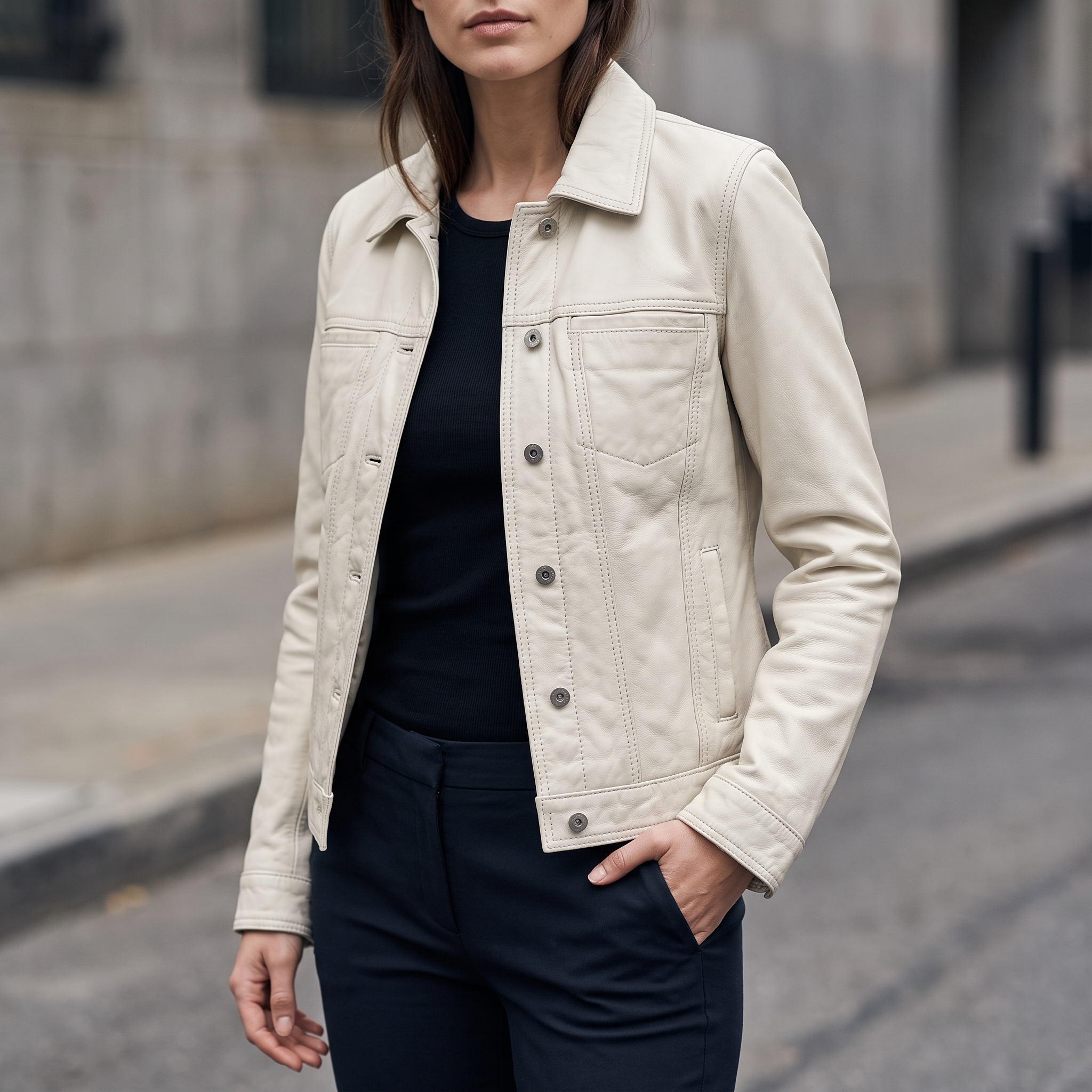 Addison Leather Denim Jacket in White