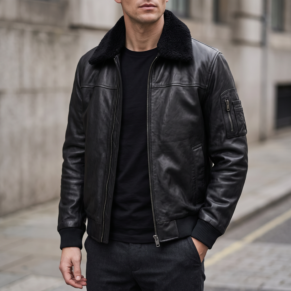 Ace Leather Bomber Jacket with Shearling Collar in Black