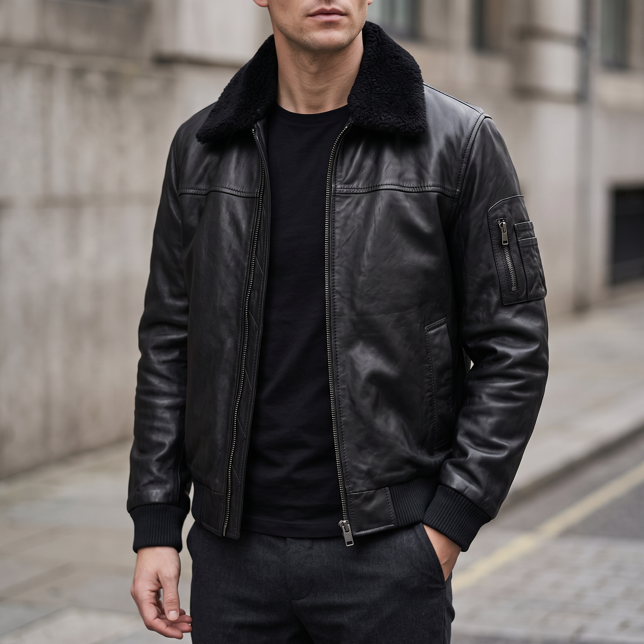 Ace Leather Bomber Jacket with Shearling Collar in Black