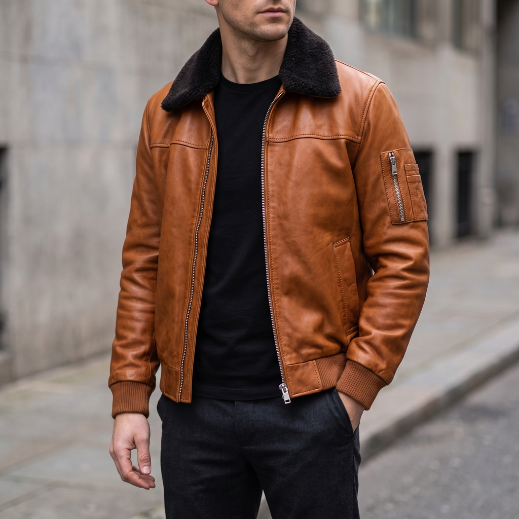 Ace Leather Bomber Jacket with Shearling Collar in Cognac