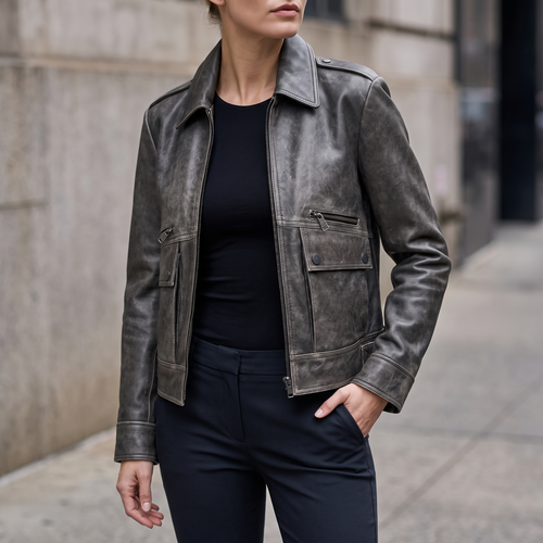 Addis Leather Aviator Jacket in Faded Black