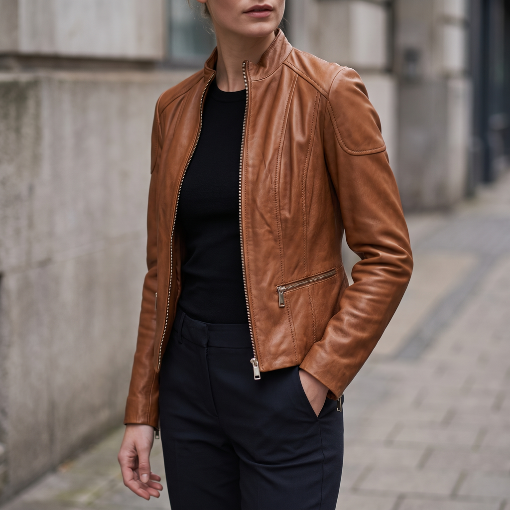 Caitlin Leather Scuba Jacket in Cognac